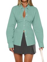 Camisa feminina MISSACTIVER com gola de lapela com botões e manga comprida Camisa feminina MISSACTIVER com gola de lapela com botões e manga comprida