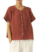 Camisa feminina Motrend de linho com botões, mangas curtas, vermelha Camisa feminina Motrend de linho com botões, mangas curtas, vermelha