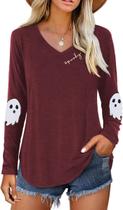 Camisa feminina Nigbriz Funny Ghost Halloween de manga comprida com decote em V Camisa feminina Nigbriz Funny Ghost Halloween de manga comprida com decote em V