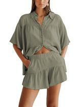 Camisa feminina Outfit Qiaomai de 2 peças com babados de verão com shorts Camisa feminina Outfit Qiaomai de 2 peças com babados de verão com shorts