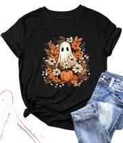 Camisa feminina Ovazly Halloween com estampa de outono Pumpkin Ghost P24-01BK Camisa feminina Ovazly Halloween com estampa de outono Pumpkin Ghost P24-01BK