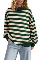 Camisa feminina Panadila listrada de manga comprida, gola alta, verde L Camisa feminina Panadila listrada de manga comprida, gola alta, verde L