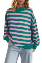 Camisa feminina Panadila listrada de manga comprida, gola alta, verde, rosa Camisa feminina Panadila listrada de manga comprida, gola alta, verde, rosa