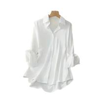 Camisa Feminina plus Size, Cor Sólida, Manga Comprida, Botão, Estilo Europeu, Gola Virada Para Baixo