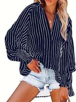 Camisa Feminina Plus Size Listrada com Decote V - Manga Comprida e Botões - Tamanhos 1XL-5XL