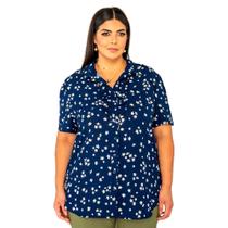 Camisa Feminina, Plus Size, Manga Curta, Azul Marinho, Até 54