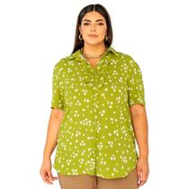 Camisa Feminina, Plus Size, Manga Curta, Verde Claro, Até 54