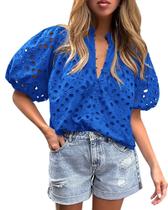 Camisa Feminina PRETTYGARDEN Azul em Renda com Botões e Decote V - P Camisa Feminina PRETTYGARDEN Azul em Renda com Botões e Decote V - P