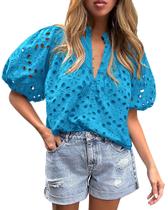 Camisa Feminina PRETTYGARDEN com Renda Vazado Decote V Azul P Camisa Feminina PRETTYGARDEN com Renda Vazado Decote V Azul P