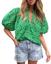 Camisa Feminina PRETTYGARDEN Verde de Renda com Decote V e Manga Curta XL Camisa Feminina PRETTYGARDEN Verde de Renda com Decote V e Manga Curta XL