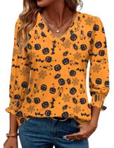 Camisa feminina Rapbin com decote em V, manga 3/4, Halloween Ghost M