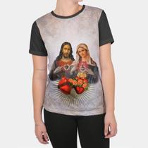 Camisa Feminina Sagrado Coração de Jesus e Coração de Maria