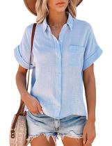 Camisa feminina Shebote, manga curta, algodão, azul claro, tamanho M Camisa feminina Shebote, manga curta, algodão, azul claro, tamanho M