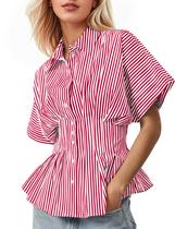 Camisa feminina Soamat listrada com botões e manga curta vermelha branca Camisa feminina Soamat listrada com botões e manga curta vermelha branca