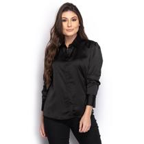 Camisa Feminina Social Cetim Gloss Manga Longa Casual Preto GG