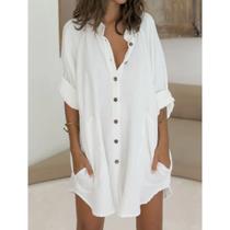 Camisa Feminina Solta de Algodão e Linho - Branca - Midi