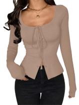 Camisa feminina SOLY HUX, manga comprida, gravata borboleta, com botões, cáqui Camisa feminina SOLY HUX, manga comprida, gravata borboleta, com botões, cáqui