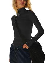 Camisa feminina Tiko Miko, manga comprida, gola alta, preta