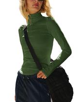 Camisa feminina Tiko Miko, manga comprida, gola alta, verde