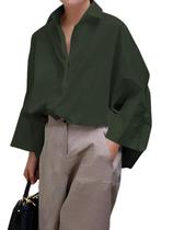 Camisa Feminina UOOZEE com Botões, Manga Longa, Verde Militar Camisa Feminina UOOZEE com Botões, Manga Longa, Verde Militar