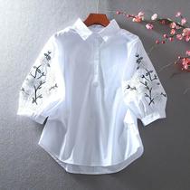 Camisa Feminina Verão Casual Bordado Flor Solta Manga Lanterna Estilo Ocidental