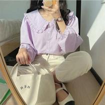 Camisa Feminina Vintage Peter Pan Amarela e Azul - Manga Longa, Estilo Preppy