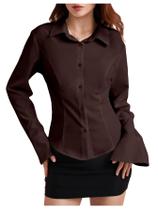 Camisa feminina WDIRARA de manga comprida com botões, marrom Camisa feminina WDIRARA de manga comprida com botões, marrom