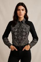 Camisa Feminina Western Estampada Floral Preto e Branco Via Tolentino