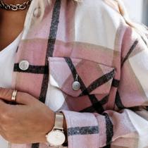 Camisa feminina xadrez de lapela, manga comprida, fibra de poliéster rosa - Generic