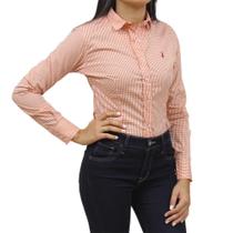 Camisa Feminina Xadrez Laranja Austin Manga Longa 34108