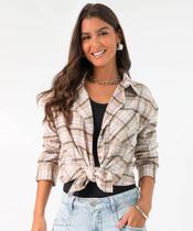 Camisa Feminina Xadrez Manga Longa Marisa Bege-53005