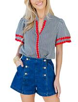 Camisa feminina Yeokou listrada com decote em V e manga bufante, algodão, preta Camisa feminina Yeokou listrada com decote em V e manga bufante, algodão, preta