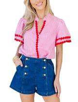 Camisa feminina Yeokou listrada com decote em V e manga curta de algodão Camisa feminina Yeokou listrada com decote em V e manga curta de algodão