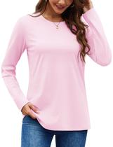 Camisa feminina YUCOLEN, manga comprida, gola redonda, algodão, rosa claro Camisa feminina YUCOLEN, manga comprida, gola redonda, algodão, rosa claro