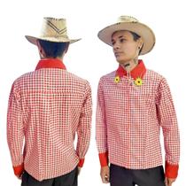 Camisa Festa Junina Adulta Xadrez com Girassol na Gola