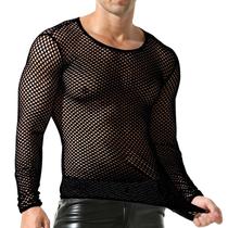 Camisa Fishnet masculina QiAti de malha transparente de manga comprida Camisa Fishnet masculina QiAti de malha transparente de manga comprida
