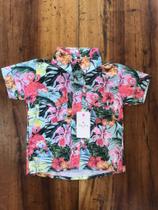 Camisa Flamingos Floral Botão Blogueirinho Infantil Menino Camisa Flamingos Floral Botão Blogueirinho Infantil Menino