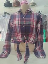 Camisa flanelada xadrez feminina amarração cropped