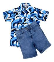 Camisa Floral Viscose E Bermuda Jeans Menino Kit 2 Peças Camisa Floral Viscose E Bermuda Jeans Menino Kit 2 Peças