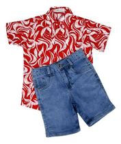 Camisa Floral Viscose E Bermuda Jeans Menino Kit 2 Peças