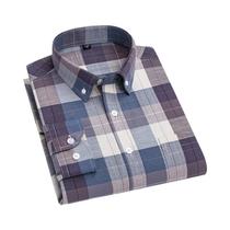 Camisa Formal Masculina De Manga Longa 100% Algodão, Estampa Xadrez, Cor Sólida, Ajuste Regular,