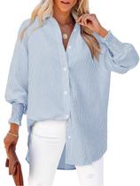 Camisa Gleeivy Azul Listrada Oversized com Botões Camisa Gleeivy Azul Listrada Oversized com Botões