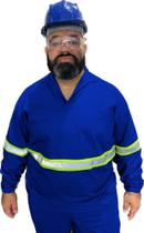 Camisa Gola Italiana de Brim Plus Size RESISTENTE com Faixa Refletivo Manga Longa Uniforme Profissional Sinalização Eletricista Construção