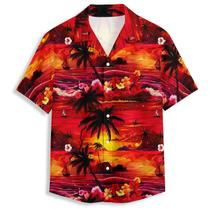 Camisa havaiana Amasnay Red Tropical Sunset para homens Camisa havaiana Amasnay Red Tropical Sunset para homens