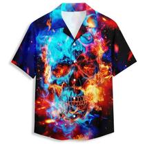 Camisa havaiana Blue Orange Flame Skull 3D Graphic para homens Camisa havaiana Blue Orange Flame Skull 3D Graphic para homens