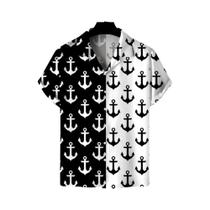 Camisa Havaiana Masculina Com Estampa Em Preto E Branco, Gola Cubana, Manga Curta, Moda Casual De