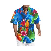 Camisa Havaiana Masculina Com Estampa Floral Vibrante De Papagaio, Casual, Manga Curta, Com Botões,