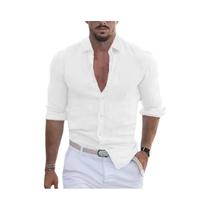 Camisa Havaiana Masculina de Manga Comprida - Linho e Algodão - Casual com Gola Polo