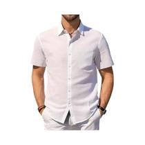 Camisa Havaiana Masculina De Verão Leve Em Algodão E Linho, Manga Curta, Com Botões E Gola Casual