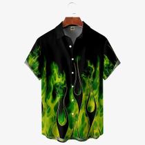 Camisa Havaiana Masculina Estampa Chamas Vermelhas 3D Vintage Manga Curta Oversized Moda Verão